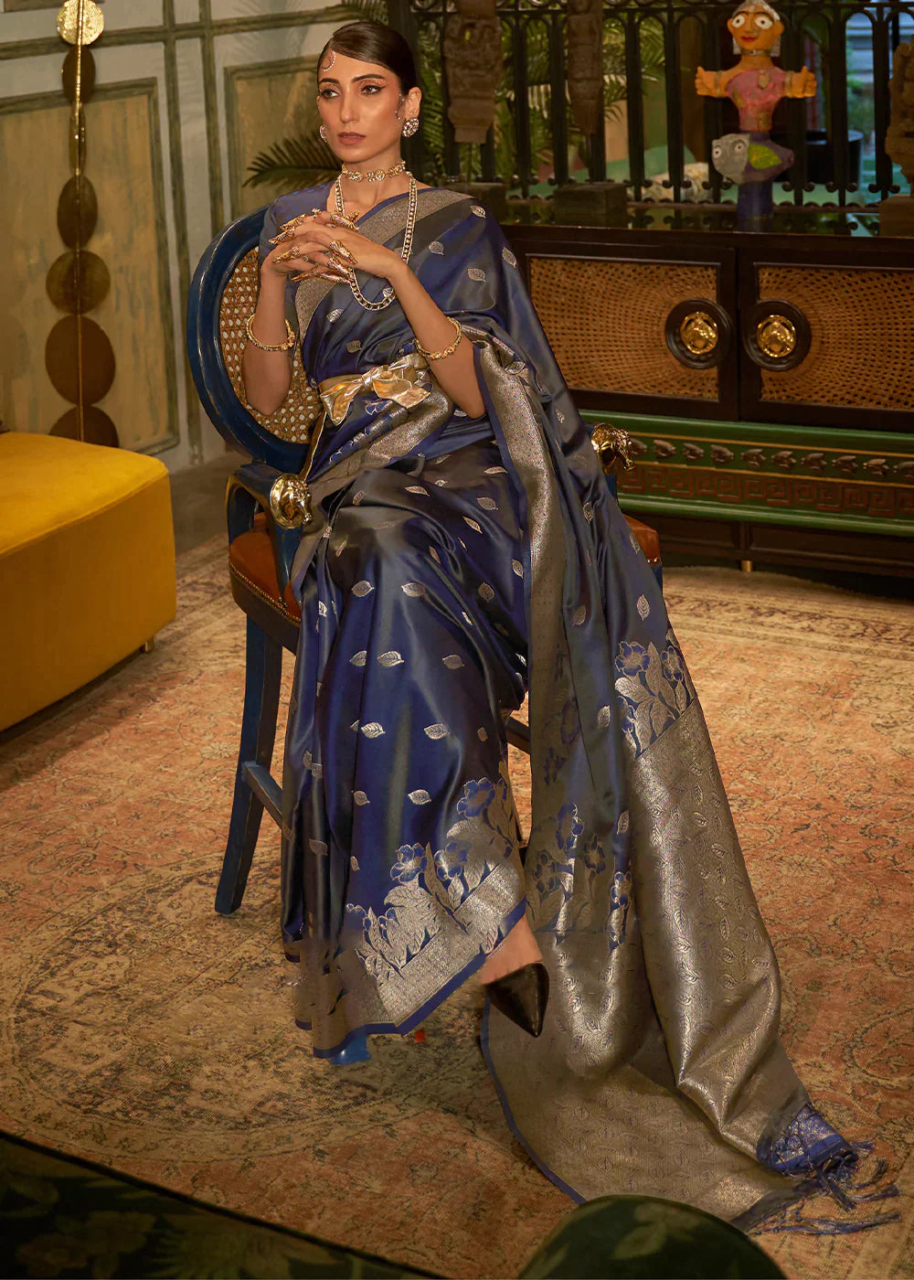 French Navy Blue Zari Woven Satin Silk Saree - Colorful Saree