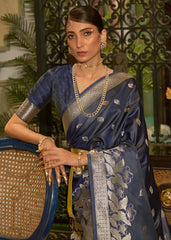 French Navy Blue Zari Woven Satin Silk Saree - Colorful Saree