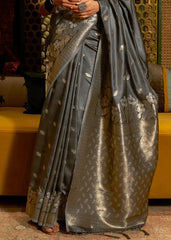 Charcoal Grey Zari Woven Satin Silk Saree - Colorful Saree