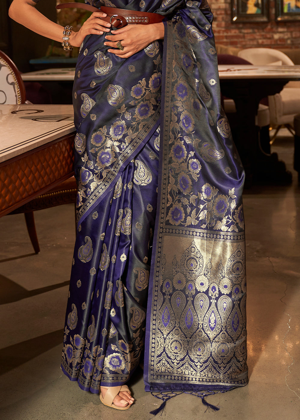 Indigo Blue Handloom Woven Satin Silk Saree - Colorful Saree
