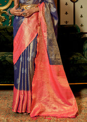 Blue & Pink Zari Woven Silk Saree with Tassels on Pallu - Colorful Saree