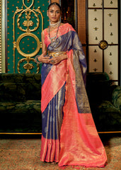 Blue & Pink Zari Woven Silk Saree with Tassels on Pallu - Colorful Saree