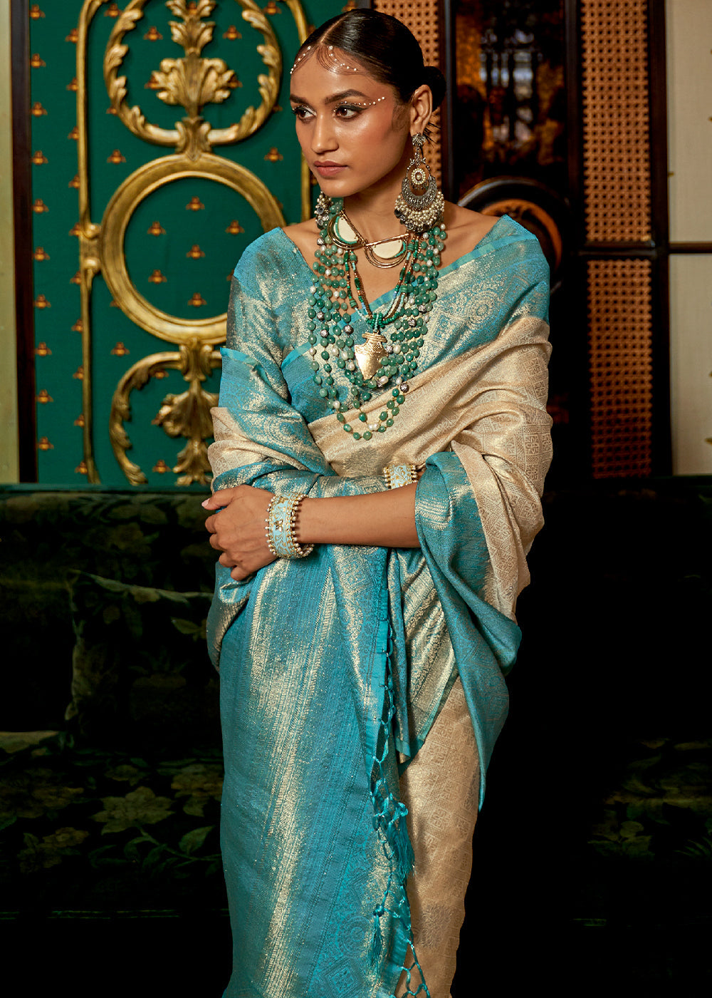 White & Blue Zari Woven Silk Saree with Tassels on Pallu - Colorful Saree