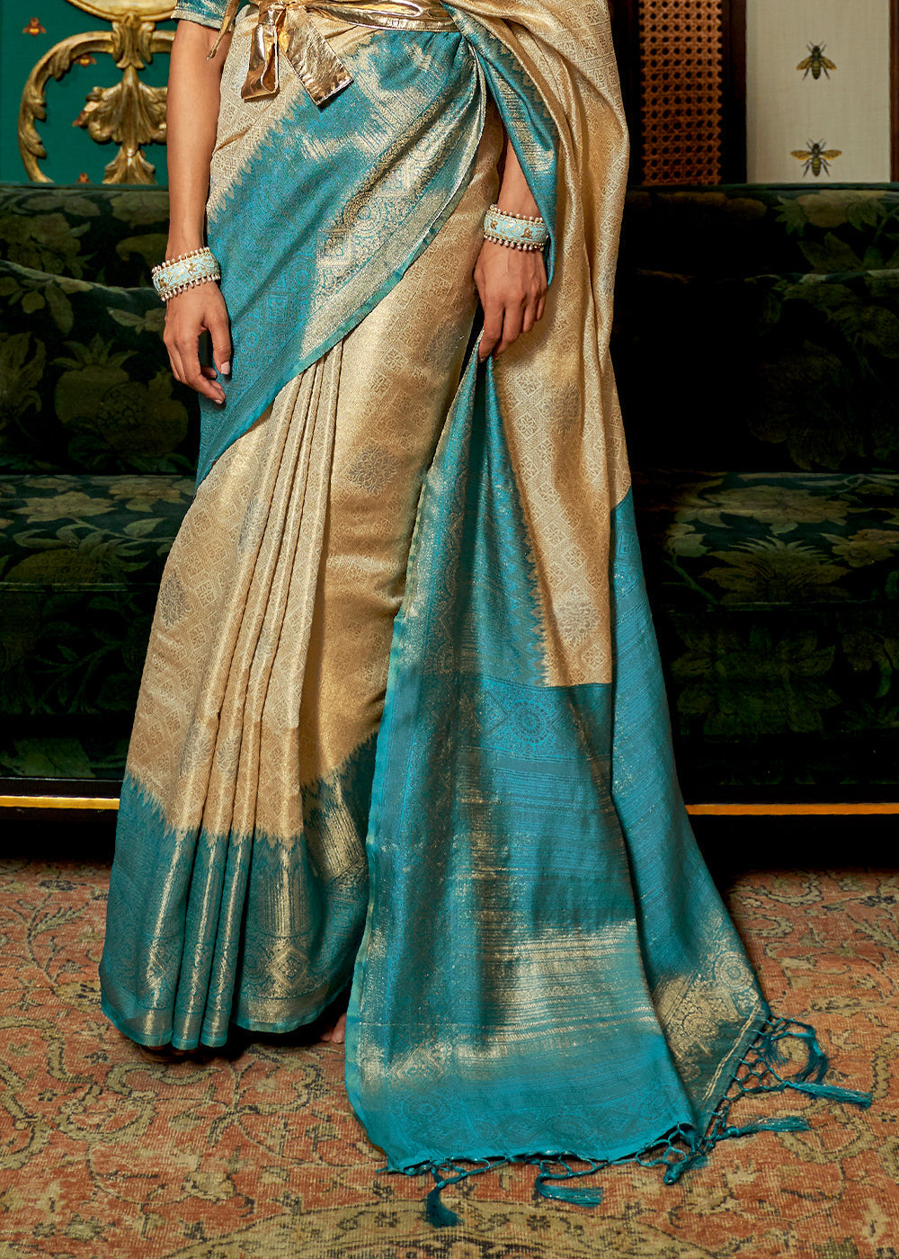 White & Blue Zari Woven Silk Saree with Tassels on Pallu - Colorful Saree