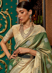 Green & Golden Zari Woven Silk Saree with Tassels on Pallu - Colorful Saree