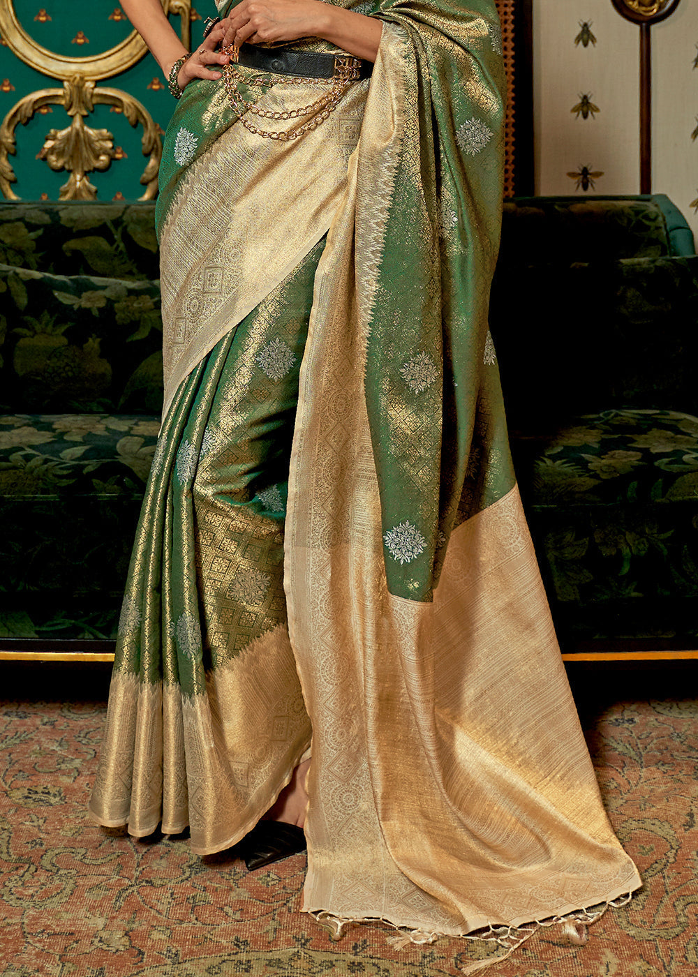 Green & Golden Zari Woven Silk Saree with Tassels on Pallu - Colorful Saree