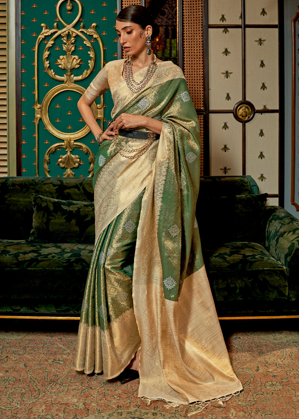 Green & Golden Zari Woven Silk Saree with Tassels on Pallu - Colorful Saree