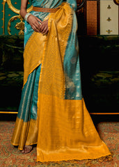 Yellow & Blue Zari Woven Silk Saree with Tassels on Pallu - Colorful Saree