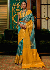 Yellow & Blue Zari Woven Silk Saree with Tassels on Pallu - Colorful Saree