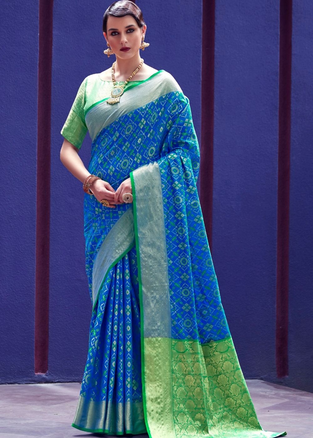 Cerulean Blue Woven Patola Silk Saree - Colorful Saree