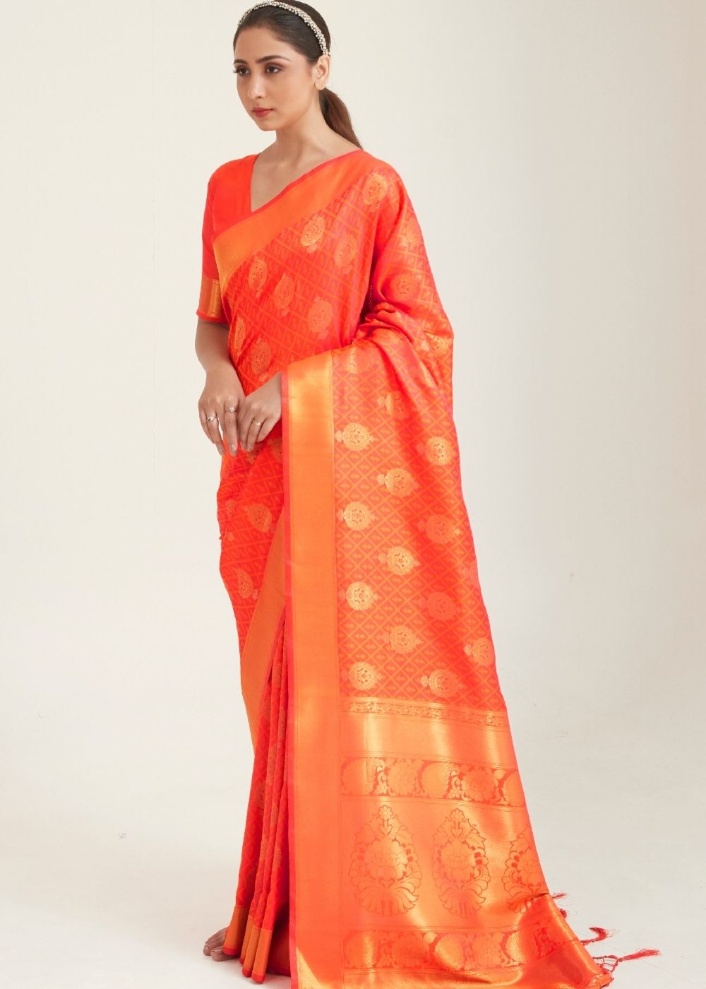 Fire Orange Zari Butta Woven Banasari Silk Saree - Colorful Saree