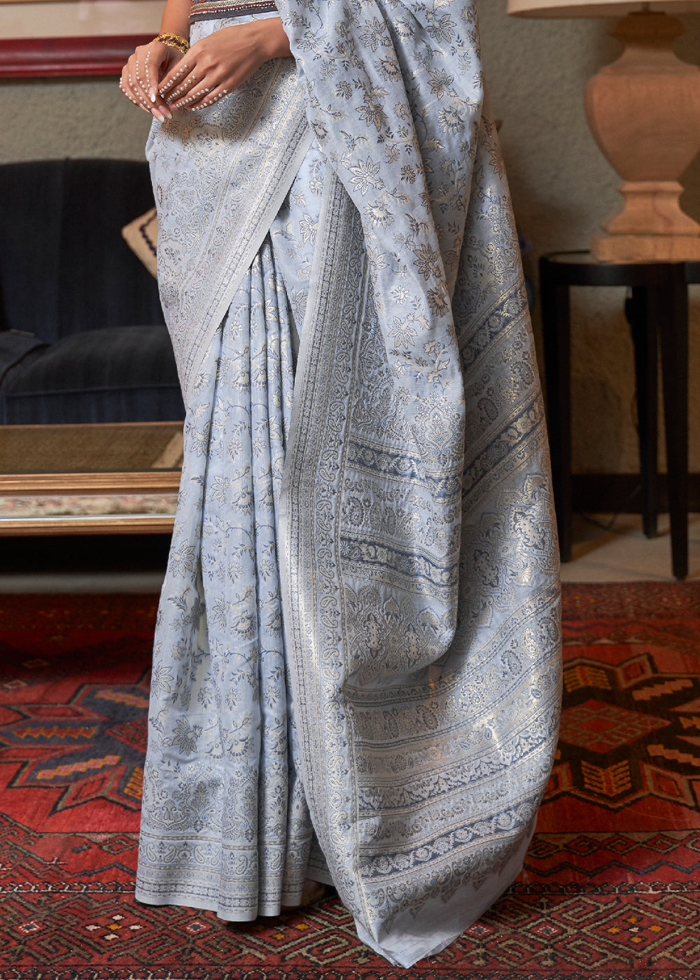 Silver Grey Kashmiri Woven Cotton Silk Saree - Colorful Saree