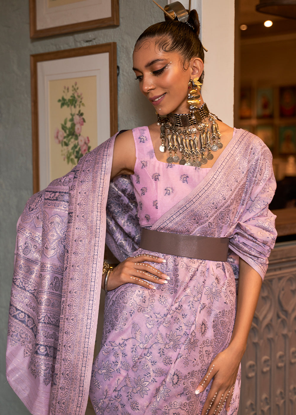 Lavender Purple Kashmiri Woven Cotton Silk Saree - Colorful Saree