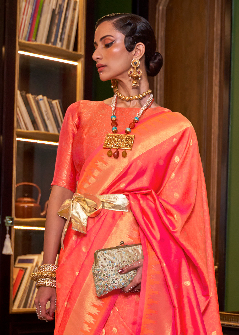 Orange & Pink Handloom Woven Banarasi Silk Saree - Colorful Saree