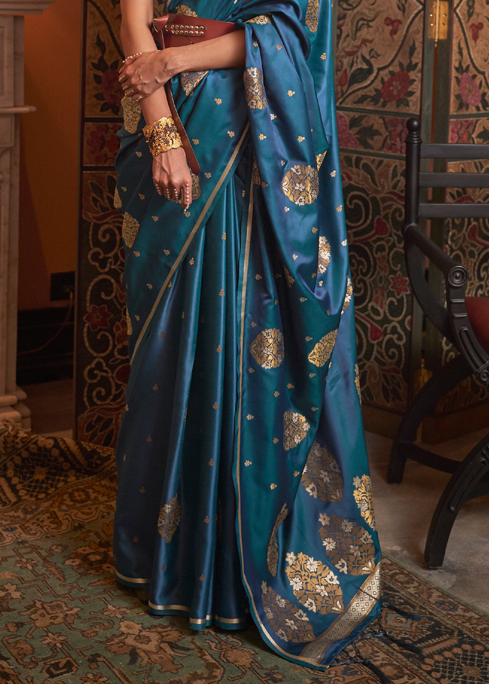 Cobalt Blue Copper Zari Woven Satin Silk Saree - Colorful Saree