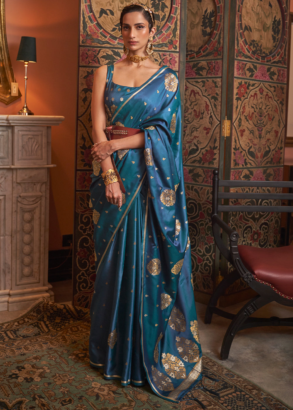 Cobalt Blue Copper Zari Woven Satin Silk Saree - Colorful Saree