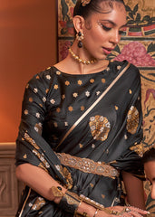 Onyx Black Copper Zari Woven Satin Silk Saree - Colorful Saree