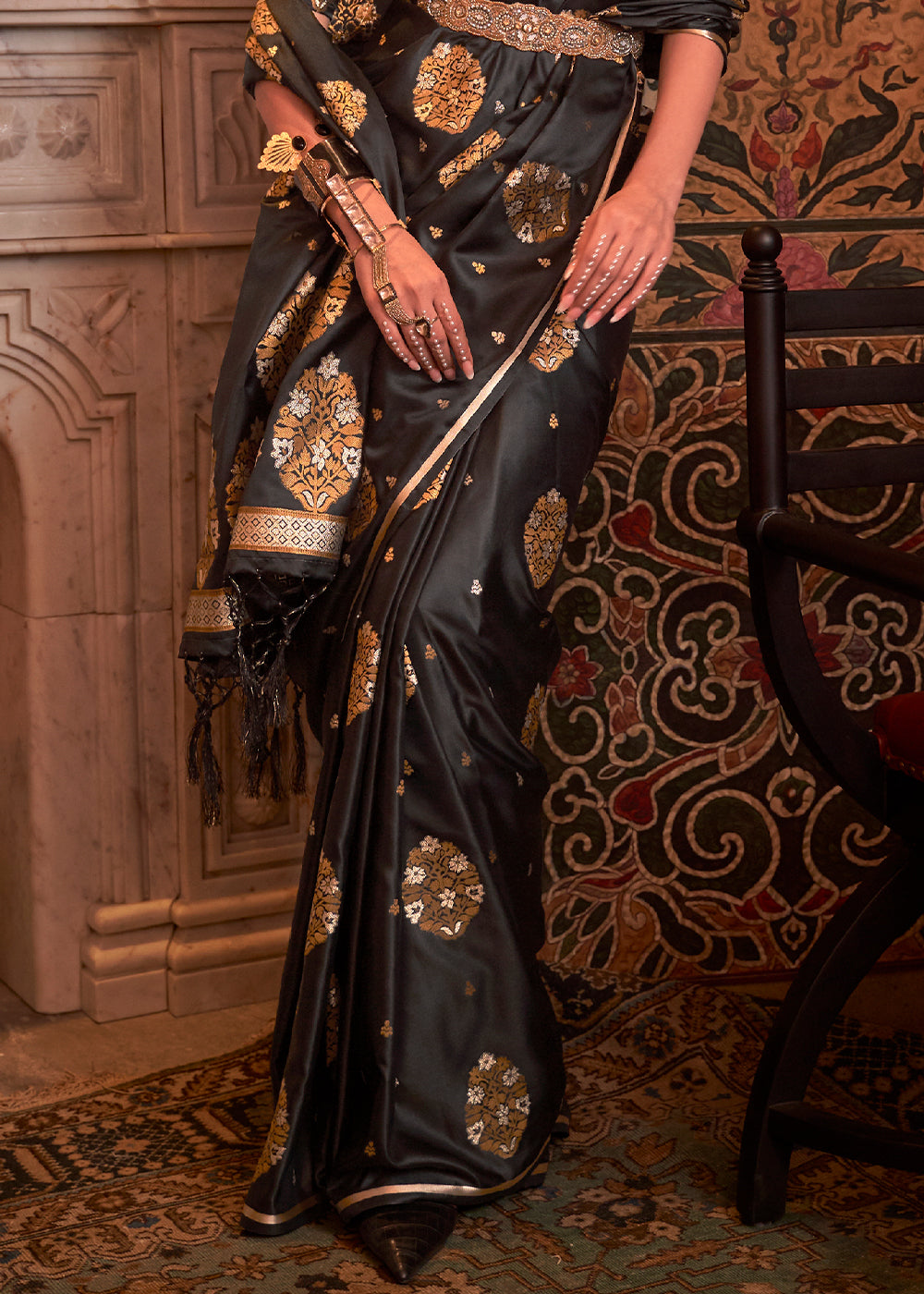 Onyx Black Copper Zari Woven Satin Silk Saree - Colorful Saree