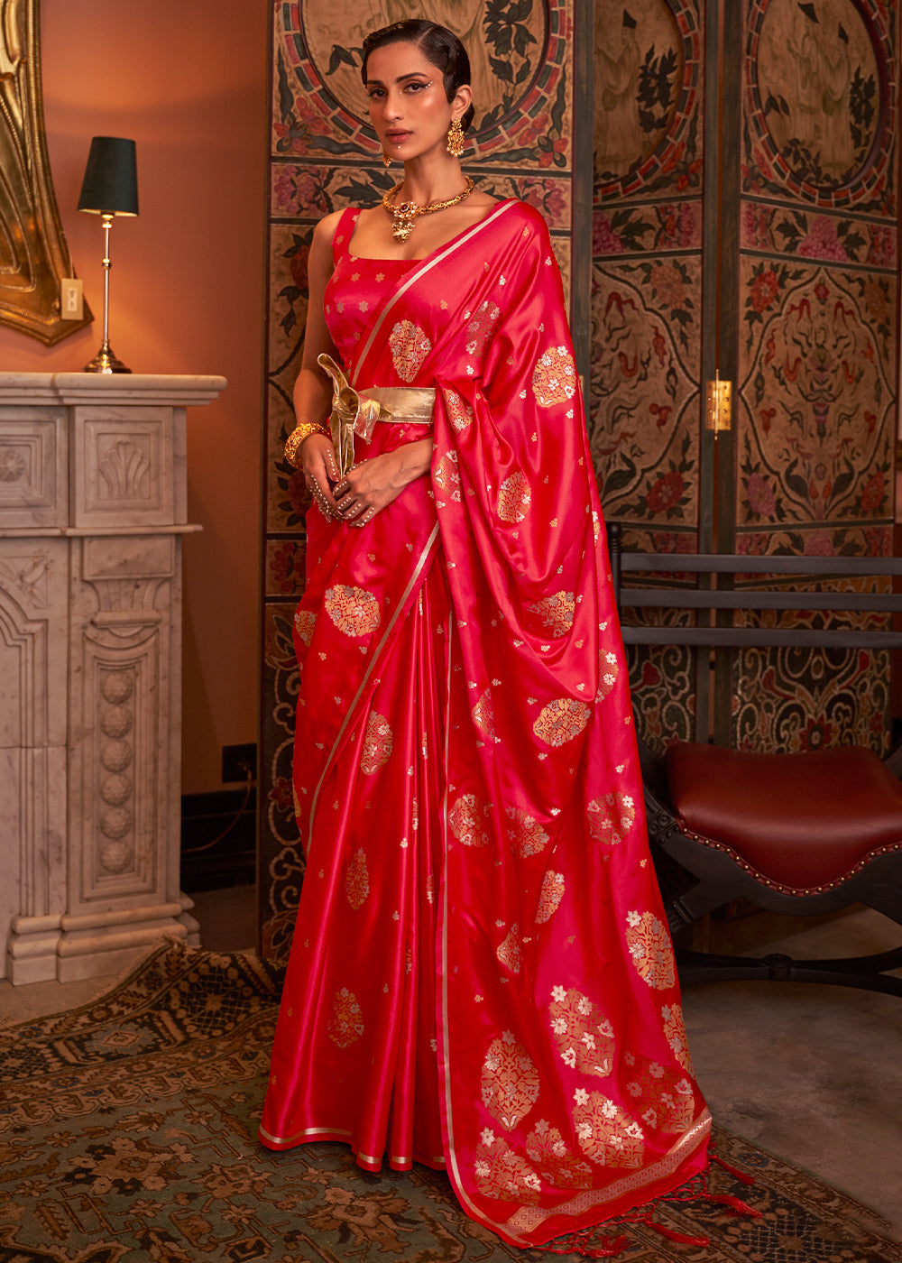 Tart Red Copper Zari Woven Satin Silk Saree - Colorful Saree