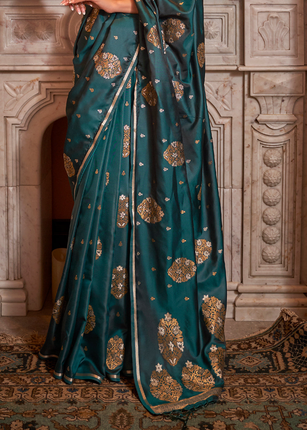 Peacock Green Copper Zari Woven Satin Silk Saree - Colorful Saree