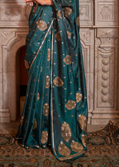 Peacock Green Copper Zari Woven Satin Silk Saree - Colorful Saree