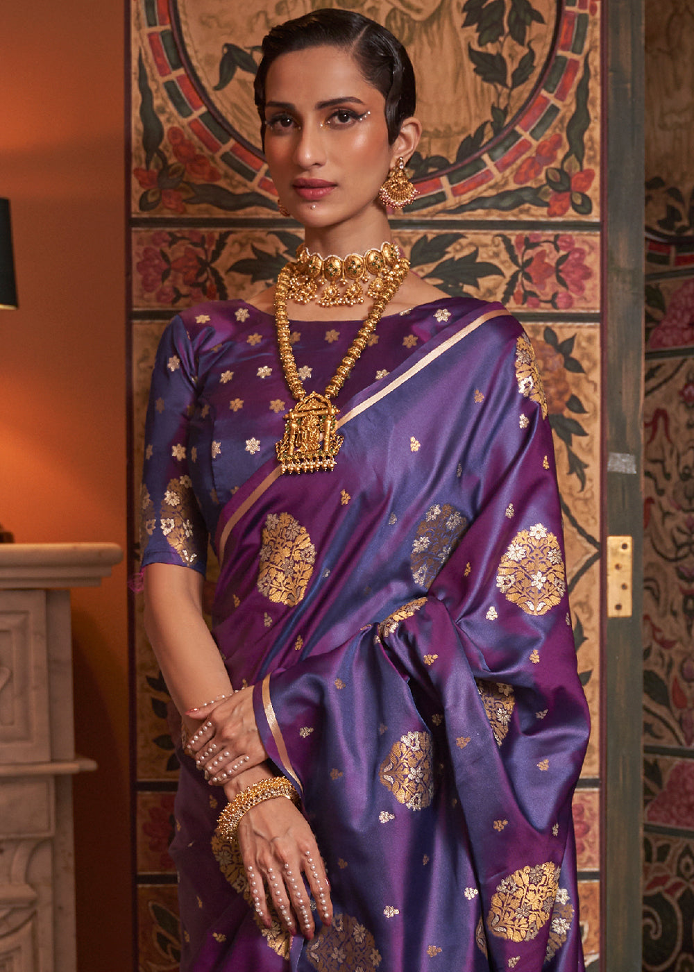 Grape Purple Copper Zari Woven Satin Silk Saree - Colorful Saree