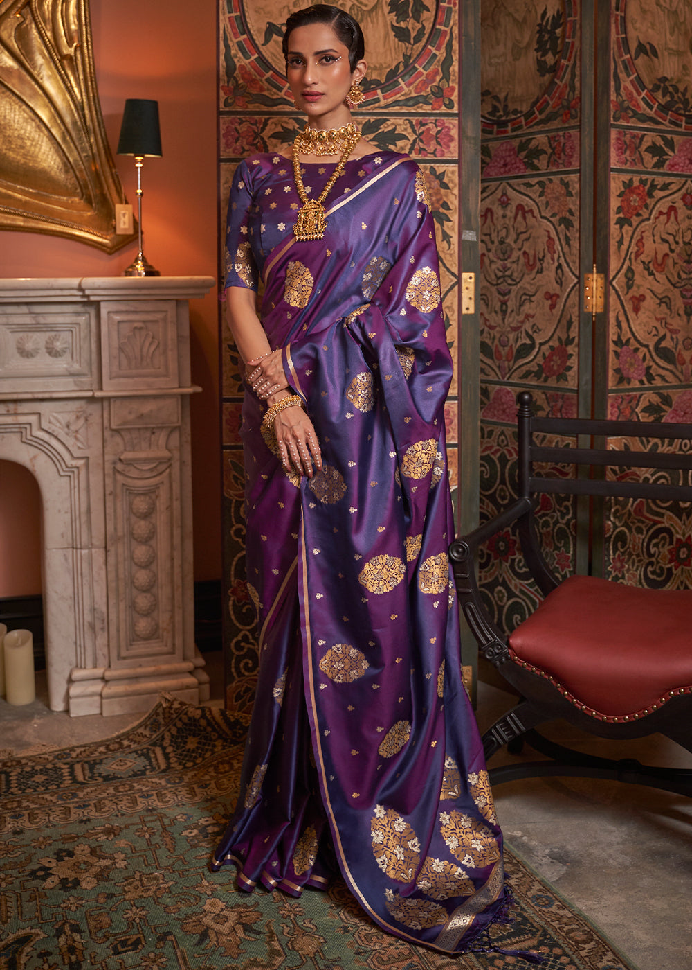 Grape Purple Copper Zari Woven Satin Silk Saree - Colorful Saree