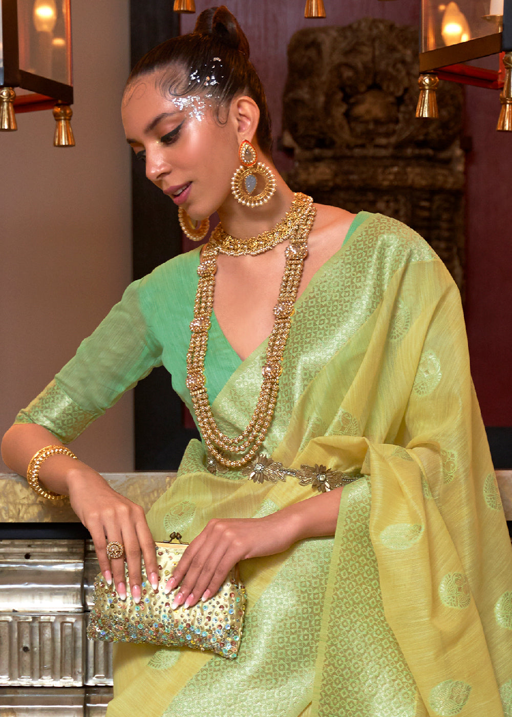 Blonde Yellow Woven Linen Silk Saree with Contrast Border & Pallu - Colorful Saree