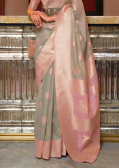 Trout Grey Woven Linen Silk Saree with Contrast Border & Pallu - Colorful Saree