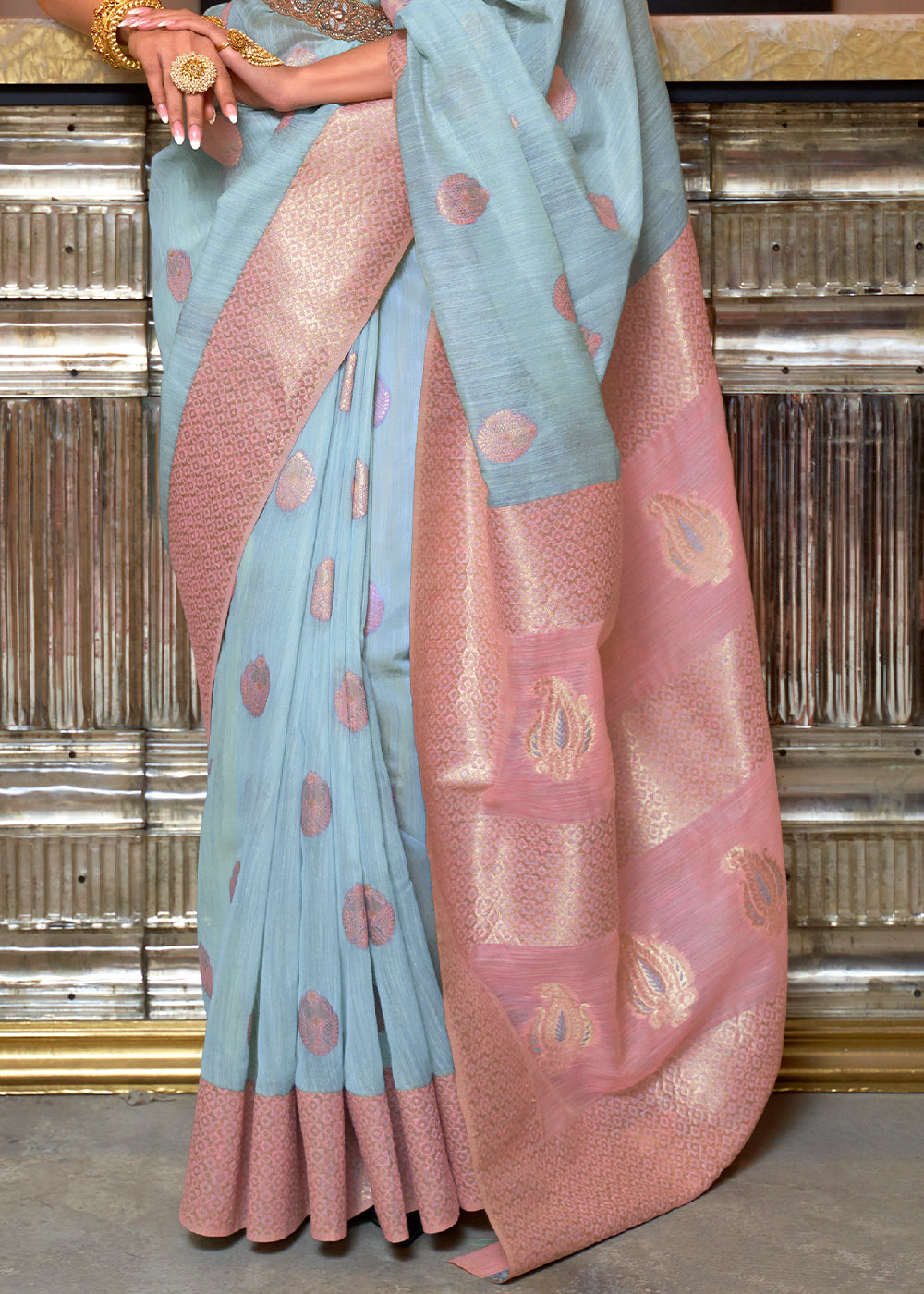 Sky Blue Woven Linen Silk Saree with Contrast Border & Pallu - Colorful Saree