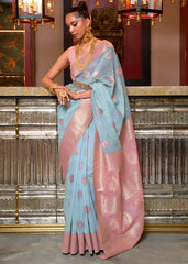 Sky Blue Woven Linen Silk Saree with Contrast Border & Pallu - Colorful Saree