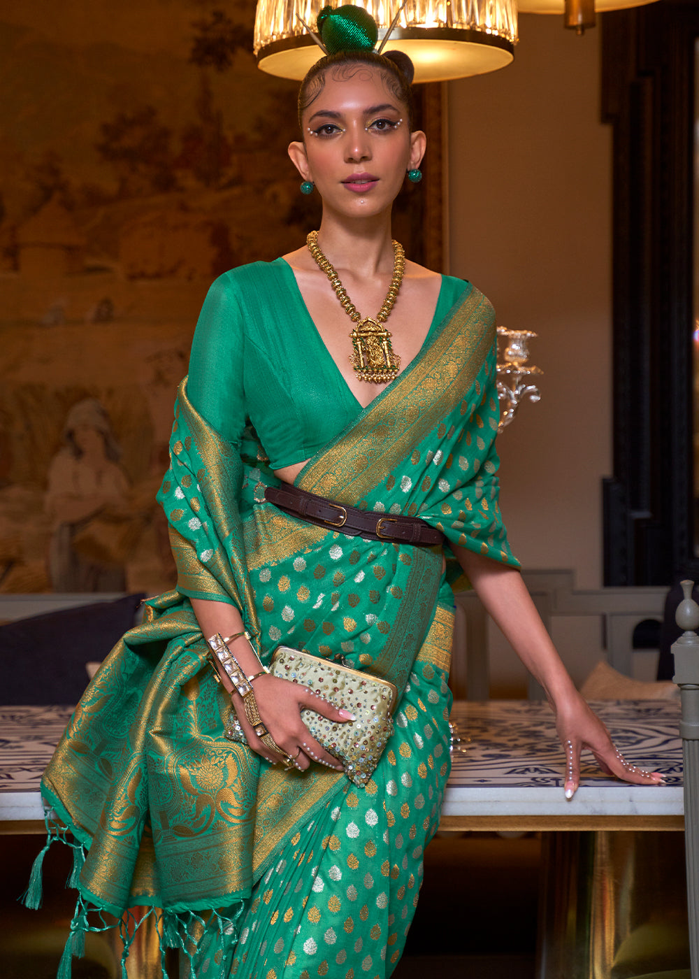 Jade Green Copper Zari Woven Banarasi Khaddi Silk Saree - Colorful Saree