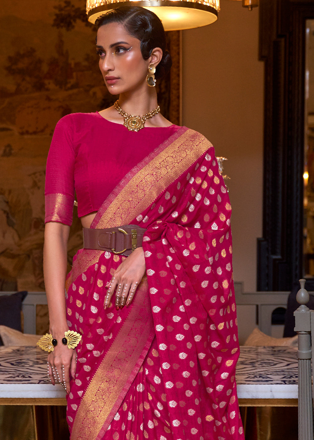 Magenta Pink Copper Zari Woven Banarasi Khaddi Silk Saree - Colorful Saree