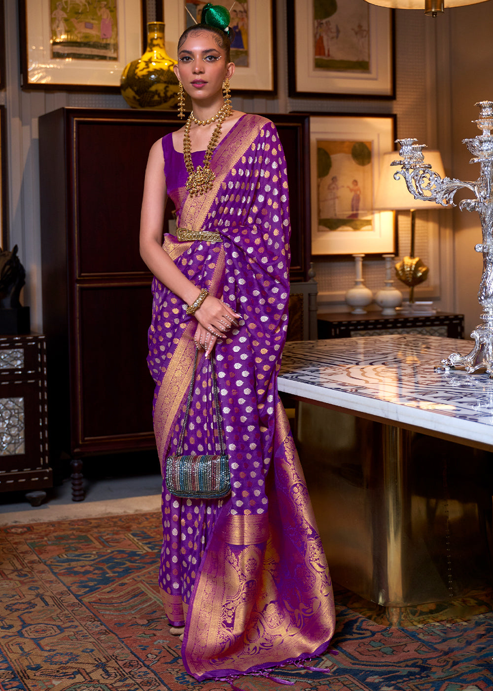 Irish Purple Copper Zari Woven Banarasi Khaddi Silk Saree - Colorful Saree