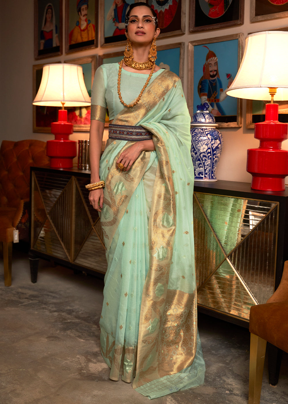Pastel Green Copper Zari Handloom Woven Silk Saree - Colorful Saree