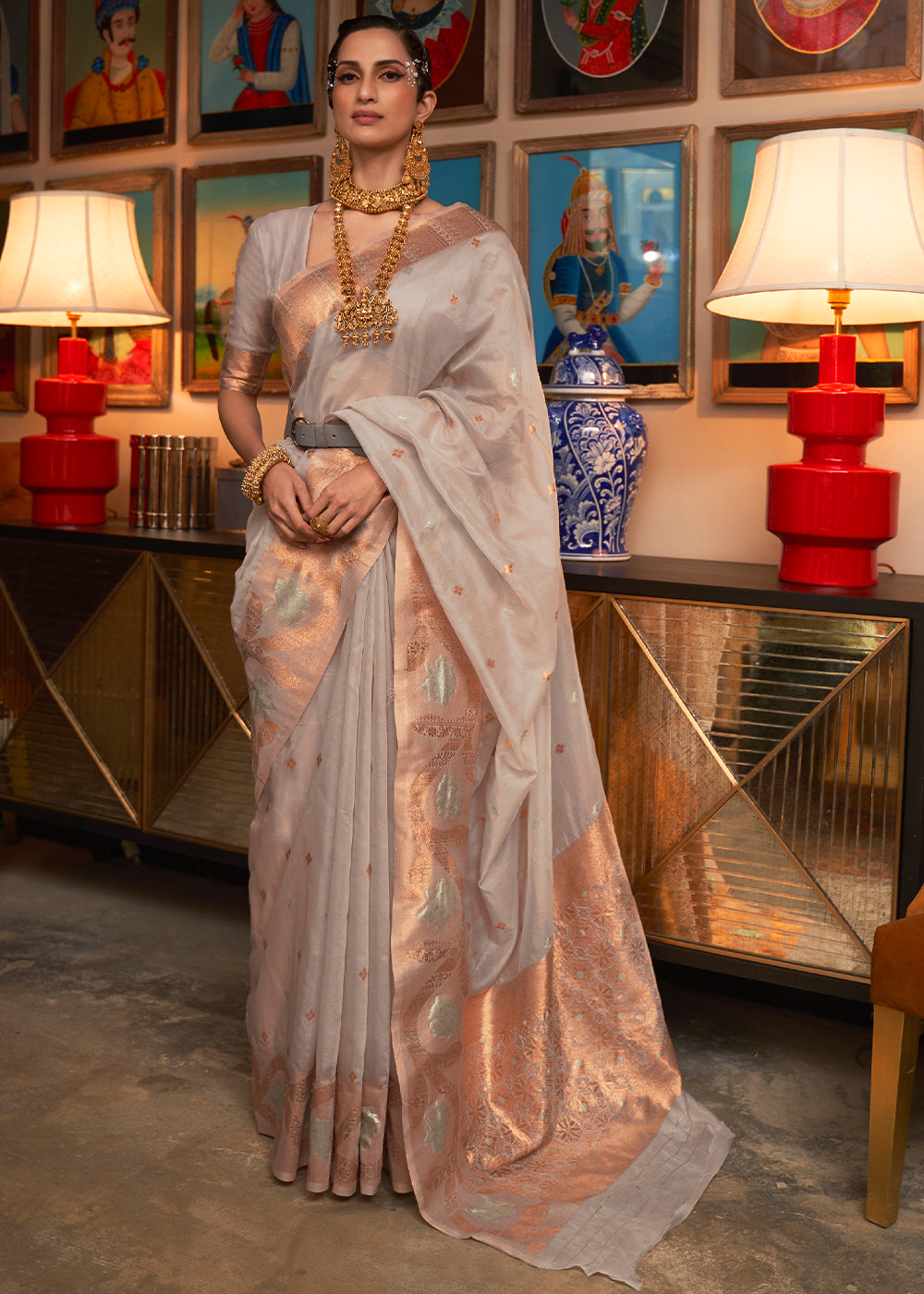 Mink Grey Copper Zari Handloom Woven Silk Saree - Colorful Saree