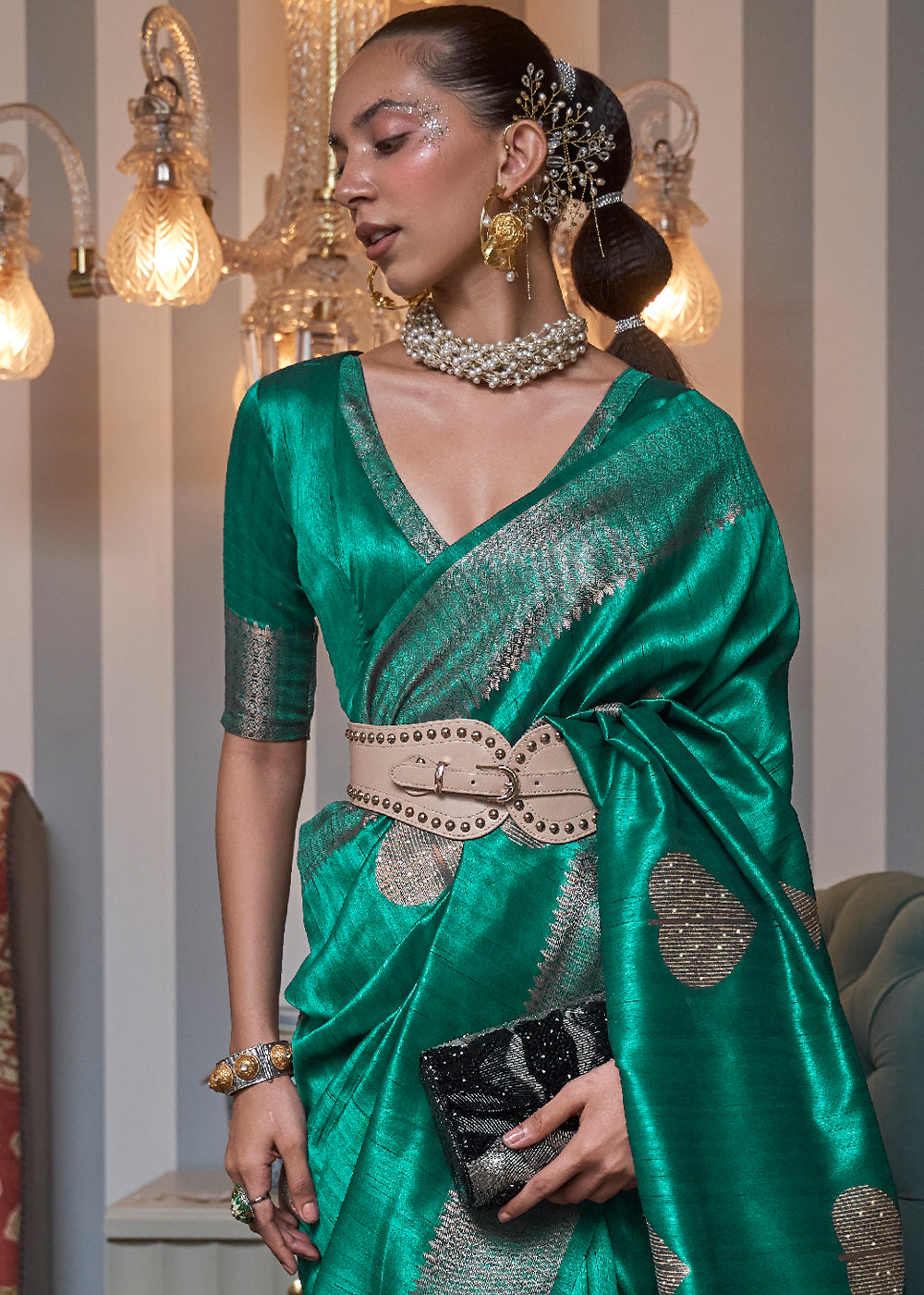 Jade Green Copper Zari Woven Silk Saree with Sequence work - Colorful Saree