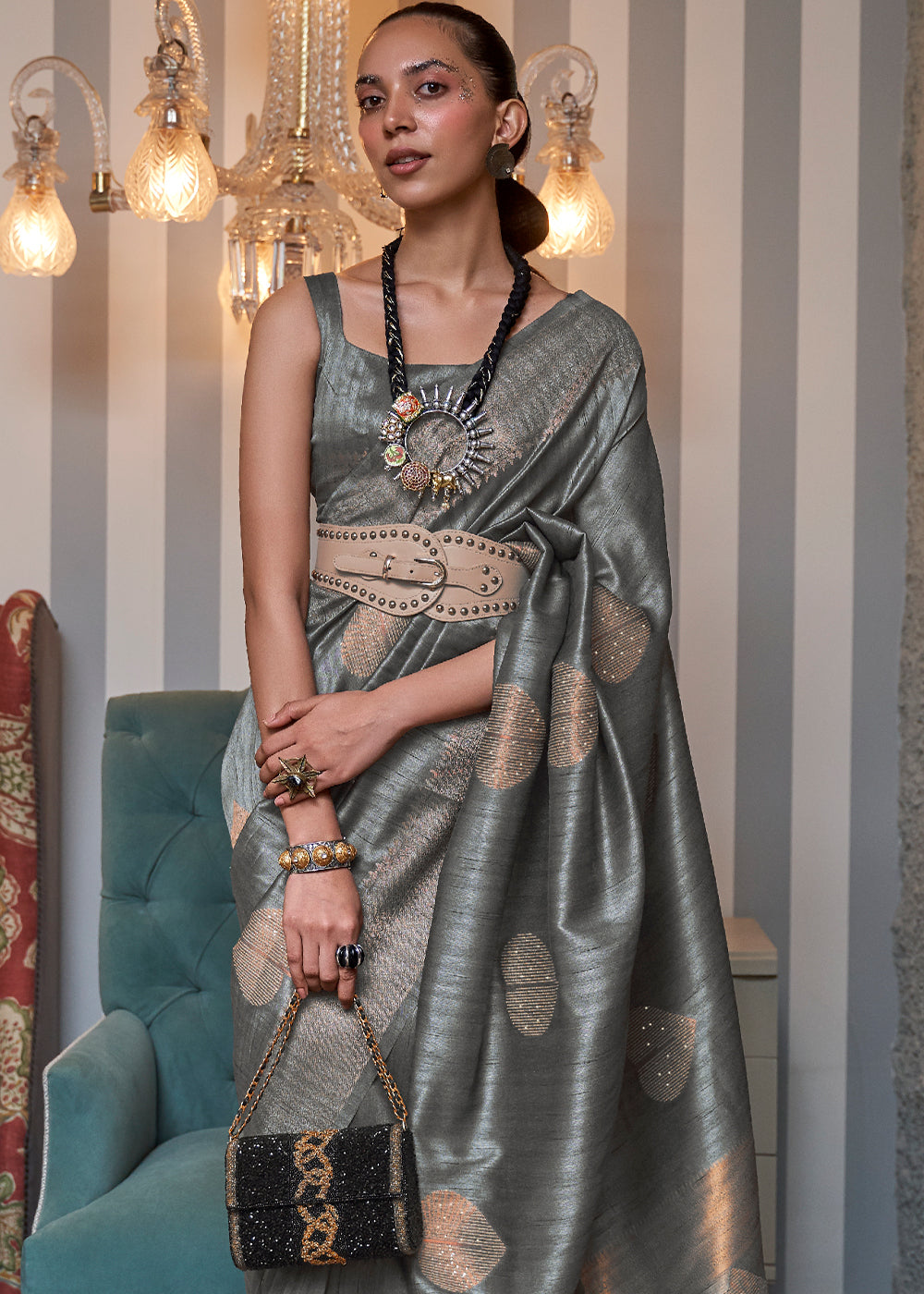 Steel Grey Copper Zari Woven Silk Saree with Sequence work - Colorful Saree