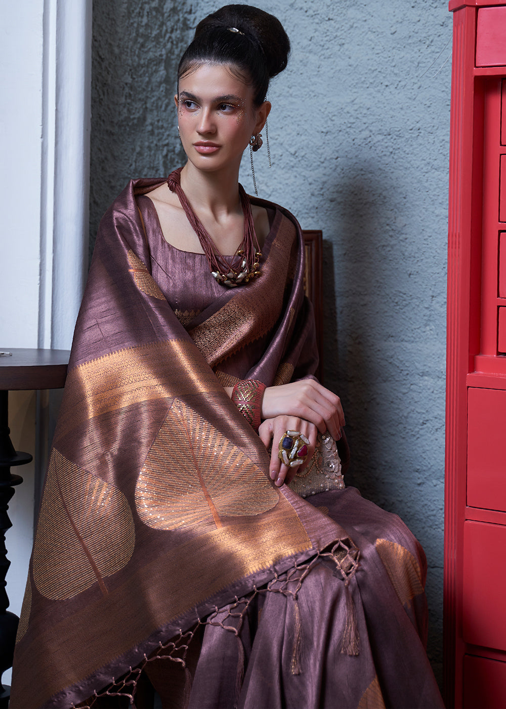 Mauve Purple Copper Zari Woven Silk Saree with Sequence work - Colorful Saree