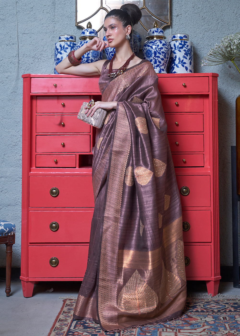 Mauve Purple Copper Zari Woven Silk Saree with Sequence work - Colorful Saree