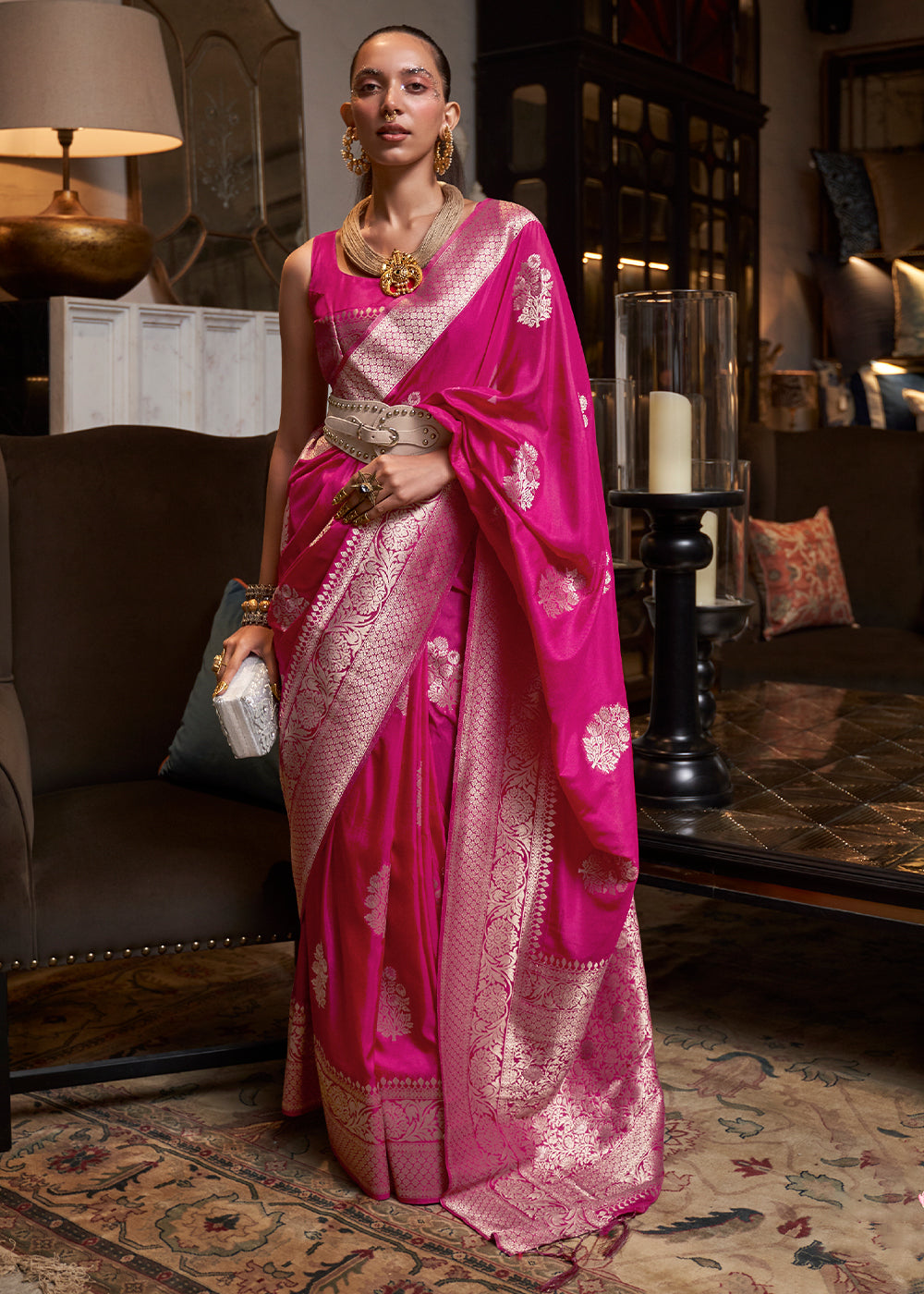 Hot Pink Woven Khaddi Georgette Silk Saree - Colorful Saree