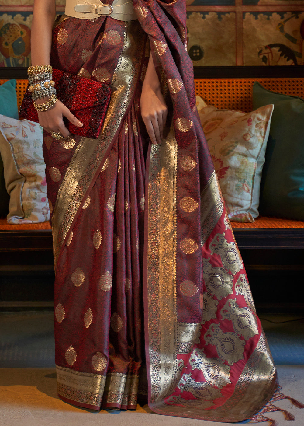 Pecan Brown Tanchoi Handloom Woven Satin Silk Saree - Colorful Saree