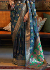 Prussian Blue Tanchoi Handloom Woven Satin Silk Saree - Colorful Saree