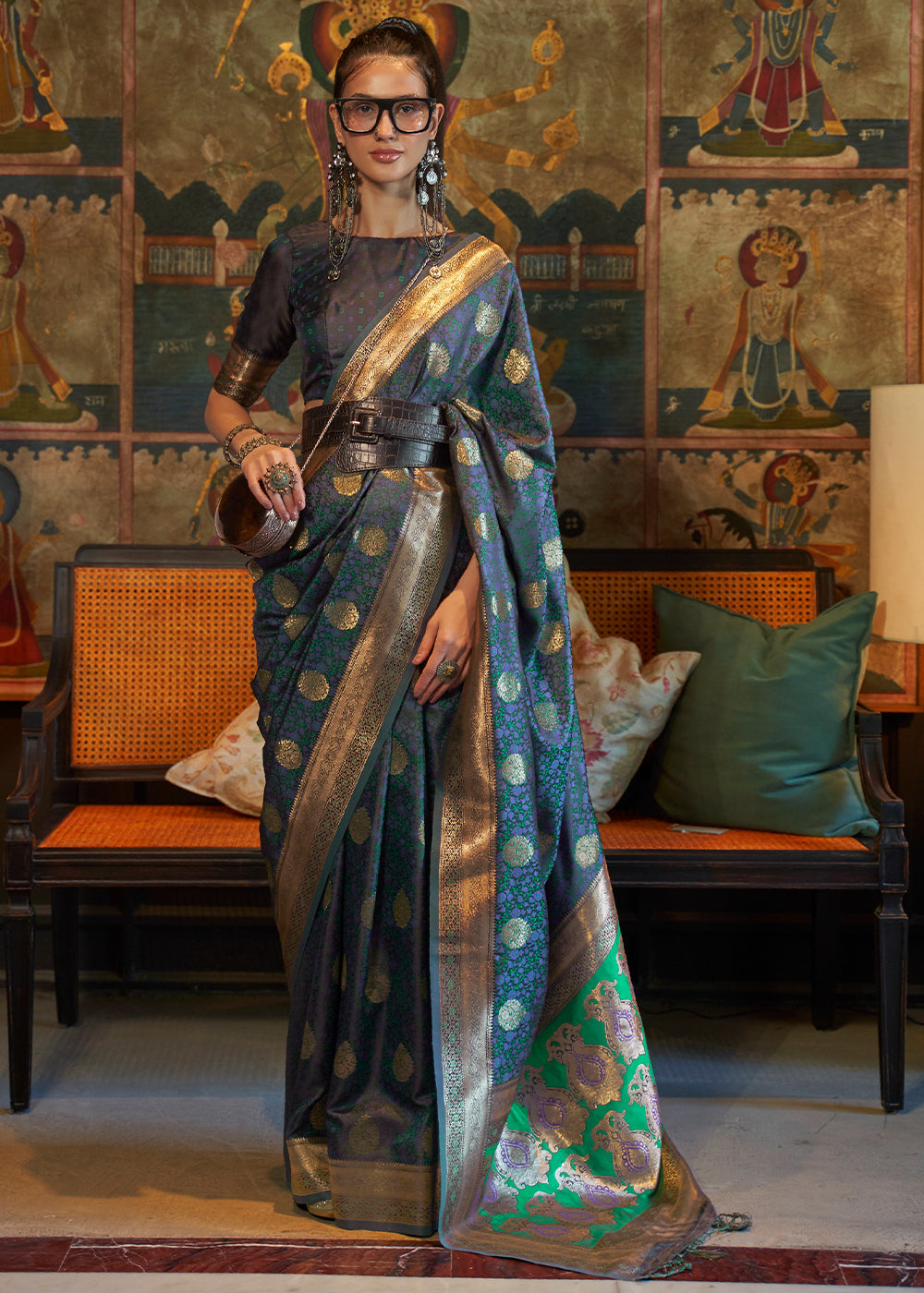 Prussian Blue Tanchoi Handloom Woven Satin Silk Saree - Colorful Saree