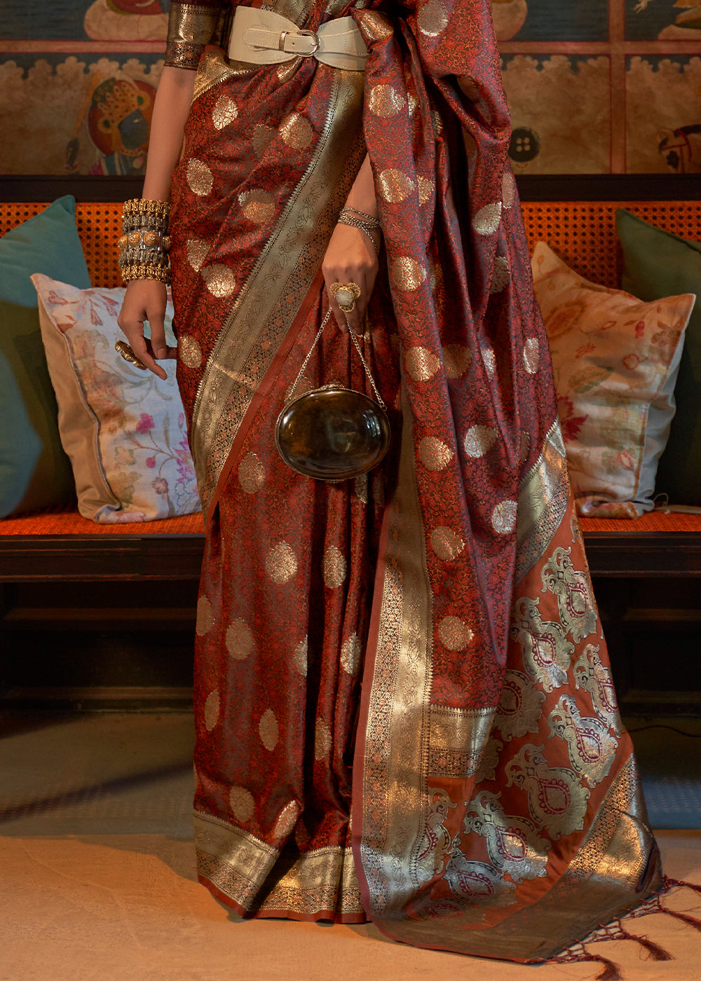 Cinnamon Brown Tanchoi Handloom Woven Satin Silk Saree - Colorful Saree