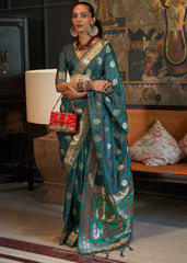 Indigo Dye Blue Tanchoi Handloom Woven Satin Silk Saree - Colorful Saree