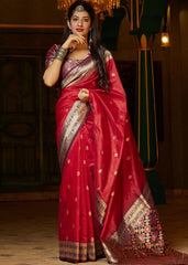 Cherry Red Woven Banarasi Silk Saree with Patola Pallu and Blouse - Colorful Saree