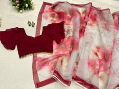 Mesmerizing Maroon and White Flower Print Organza Silk Saree - Colorful Saree