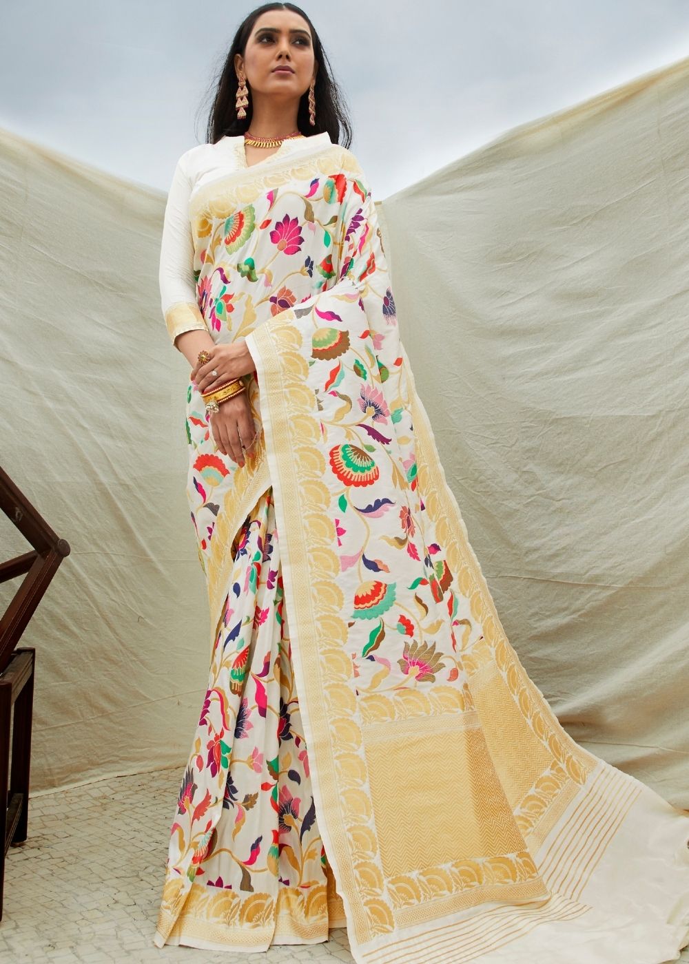 Off White Silk Floral Woven Saree - Colorful Saree