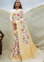 Off White Silk Floral Woven Saree - Colorful Saree